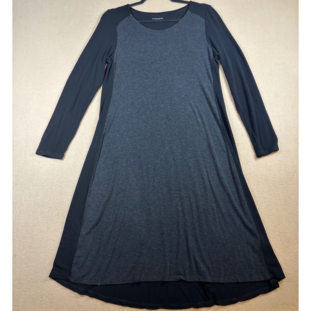 Eileen Fisher Womens Medium Charcoal Black Colorblock Long Sleeve Midi Dress
